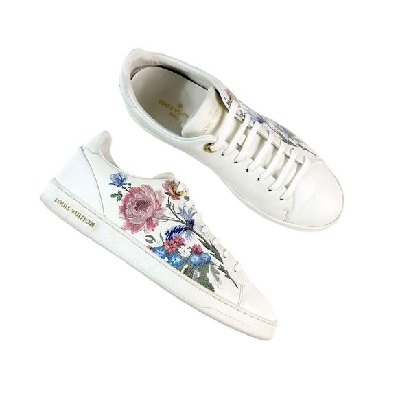 LOUIS VUITTON Frontrow Floral Sneakers Size 39 US 8.5 Lace Up Logo Low Top White - Picture 1 of 13